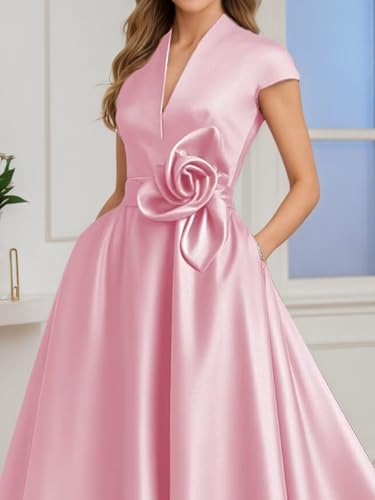 Tea Length Satin Mother of The Bride Dresses for Women A Line V Neck Cap Sleeve Formal Evening Party Gowns4