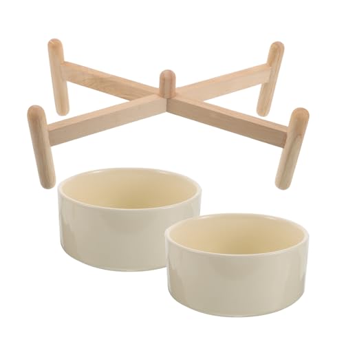BESPORTBLE Juego de Cuencos Elevados de Cerámica Doble 850 Ml con Soporte de Madera Antideslizante para Perros y Gatos, Tazón de Comida y Agua para Mascotas Pequeño, Alimentación Saludable
