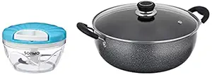 Amazon Brand - Solimo Kadhai, Aluminium, Black & Solimo Plastic 500 ml Large Vegetable Chopper, Blue & Solimo Fry Pan with 2-Way Coating, 22cm (Induction and Gas Stove Compatible),Aluminium, Black