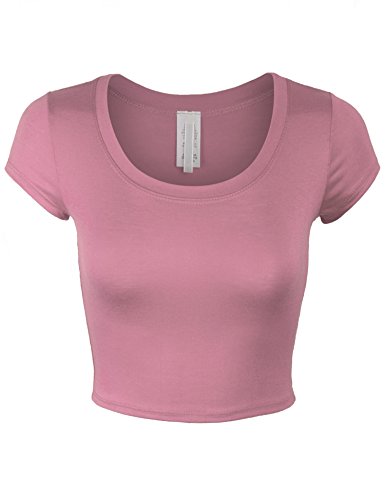 KOGMO Womens Short Sleeve Crop Top Solid Round Neck T Shirt