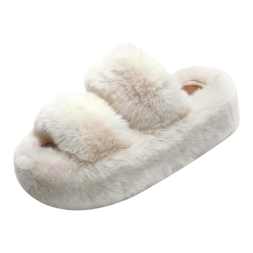 Women's Plush Platform Slippers Open Toe Two Band Slides Anti-Skid (White,8.5)
