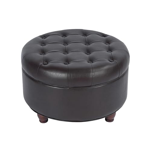 Image of HomePop 25 inch Button Tufted Round Storage Ottoman - Distressed Brown Faux Leather