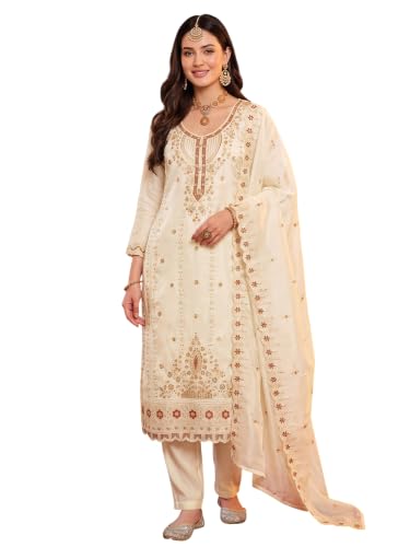 Image of INDO ERA Women's Silk Blend Embroidered Stone Work Straight Kurta & Pant with Dupatta Set | Kurta Sets For Woman