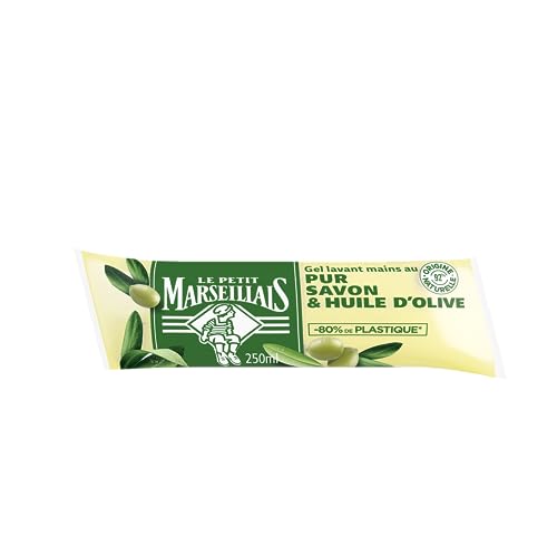 Le Petit Marseillais – Recharge Gel Lavant Mains Pur Savon & Huile d'Olive (berlingot de 250 ml) – Savon liquide avec 92 % d'ingrédients d'origine naturelle – Savons mains au pH neutre pour la peau