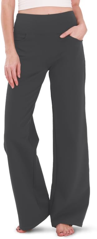 Houmous Wide Leg Pants Women Cotton Yoga Pants 28"/31"/34" High Waist Loose Lounge Stretch Trousers with Pockets