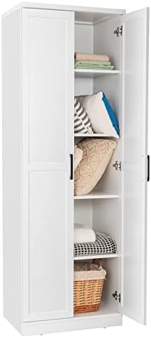 CASART Storage Cabinet, Freestanding Tall Cupboard with Adjustable Shelves & Doors, Wooden Floor Sideboard Hallway Organizer for Living Room Kitchen Entryway Bedroom (White)