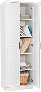 CASART Storage Cabinet, Freestanding Tall Cupboard with Adjustable Shelves & Doors, Wooden Floor Sideboard Hallway Organizer for Living Room Kitchen Entryway Bedroom (White)