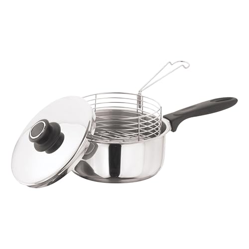 Bargain Crown 20cm Stainless Steel Chip Pan with Basket & Lid - Deep Frying Pan for Crispy Chips, French Fries & More - Induction Compatible, Non-Stick, Multi-Purpose Fryer & Saucepan for Kitchen