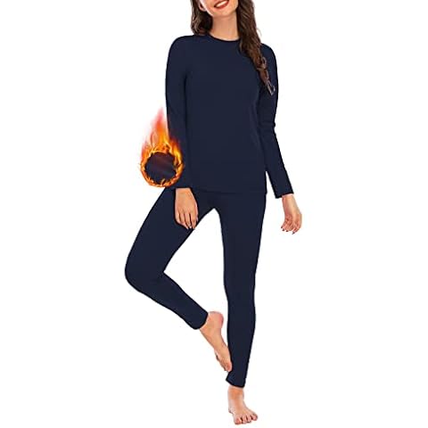 Womens Thermal Underwear Set Long Johns Base Layer Fleece Lined Top and Bottom Thermals Sets Loungewear Navy Large Cover