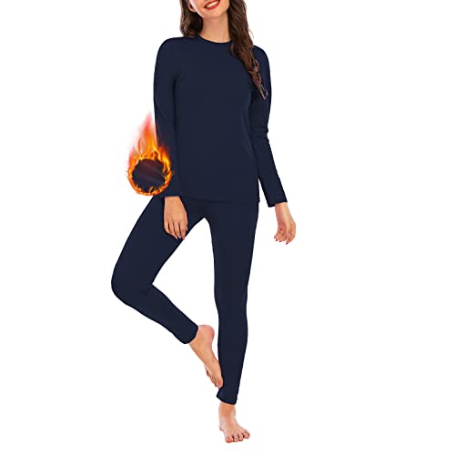 Womens Thermal Underwear Set Long Johns Base Layer Fleece Lined Top and Bottom Plus Size Thermals Sets Loungewear Navy X-Large