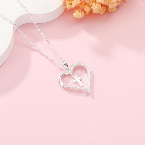 Baptism First Communion Confirmation Cross Heart Necklace for Girls Women Christian Religious Catholic Jewelry Gifts 16+3 Inches3