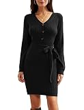 GRACE KARIN Frauen V-Ausschnitt Kleid Langarm Slim Fit Etuikleid mit Gürtel Vintage Retro Strickkleid Elegant Pulloverkleid CL0499A21-1_XL