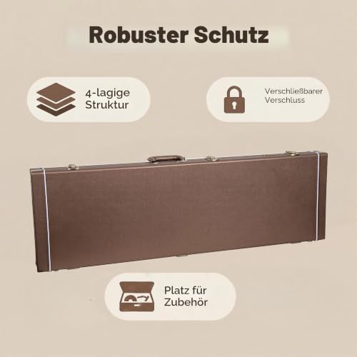 Crossrock Rechteckiger Koffer für E-Gitarren aus Holz für Fender Stratocaster und Telecaster, Schokoladenbraunes Finish, violetter Samt, Schloss – Designer-Serie