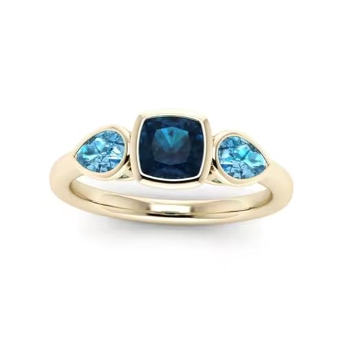 DINESH STORES London Blue Topaz Engagement Ring, Cushion Cut, 925 Sterling Silver, 14k Gold Plated, Size 4-142