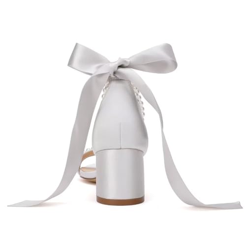 Image of Block Heel Wedding Sandals, Pearl Embellished Ankle Strap, Low Heel Bridal Shoes for Women, Size EU 36-41