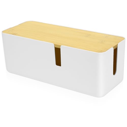 Caja de Cables, Caja de Gestión de Cables, Caja de Almacenamiento de Cables con Tapa de Bambú, Organizador de Cables para Esconder Cables, Regletas de Enchufes, Cables Sueltos, Blanco.