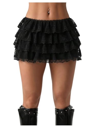 WDIRARA Women's Lace Low Rise Stretchy Ruffle Going Out Mini Shorts