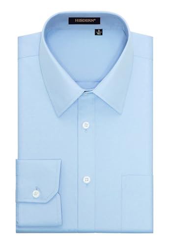 HISDERN Camisa de Vestir Formal para Hombre Camisas de Manga Larga de Algodon Azul Claro con Botones Regulares para Hombres Azul Claro L