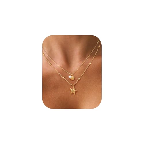 HABIKIP Seashell Necklace for Women Stack, Layered 14K Gold Plated Shell Conch Starfish Pearl Pendant Charm Necklace Dainty Cute Non Tarnish Double Chain Necklace Set Jewelry for Summer Beach Vacation