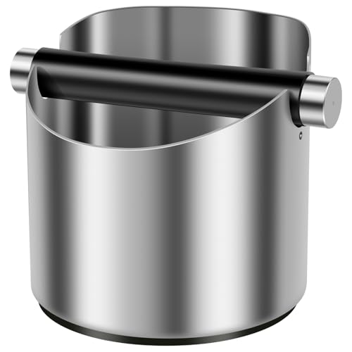 Coffee Knock Box, Coffee Grounds Knock Box, Stainless Steel Non Slip Espresso Grounds Container, Beveled Design Large Capacity Espresso Dump Bin with Rubber Ring and Removable Metal Knock Bar (11cm)