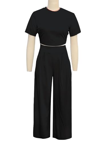 Women's Short Sleeve Crop Tops Wide Leg Pants Two Piece Sets Outfits3