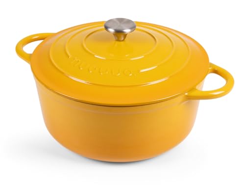Nuovva Enamelled Cast Iron Dutch Oven Pot with Lid – 6.4 Quart Casserole Dish – Ceramic Dutch Oven for Bread Baking, Roasting, Braising & Stews – Oven Safe up to 500°F – 28cm Yellow