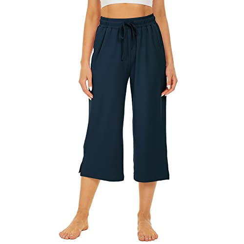 Sicvek Womens High Waist Capri Pants Yoga Lounge Summer Loose Wide Leg Capri Elastic Waist Drawstring With 3 Pockets(Navy,M) #TOP1