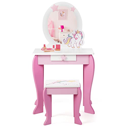 RELAX4LIFE Toeletta da Trucco con Sgabello per Bambini, Scrivania con Specchio Rotondo Rimovibile, Cassetto con Manopola a Stella, Scrivania e Sedia per Cameretta, Modello Unicorno (Rosa)