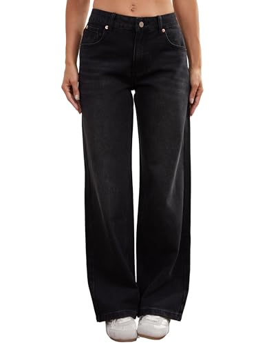 Wanduyini Low Rise Baggy Jeans for Women Y2K Vintage Wide Leg Loose Fit Straight Denim Pants Casual Trousers (Black,XL)