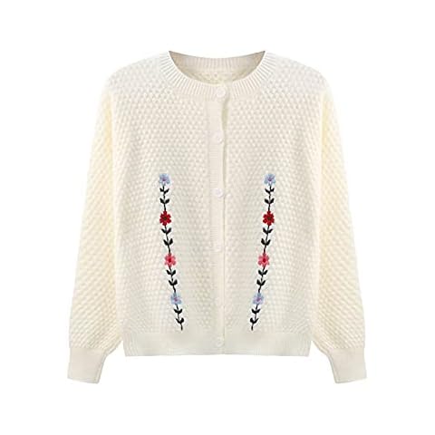 Alavo Embroidered Sweater Coat, Women Round Neck Knitted Cardigan, Loose Long Sleeve Top,White,One Size Cover