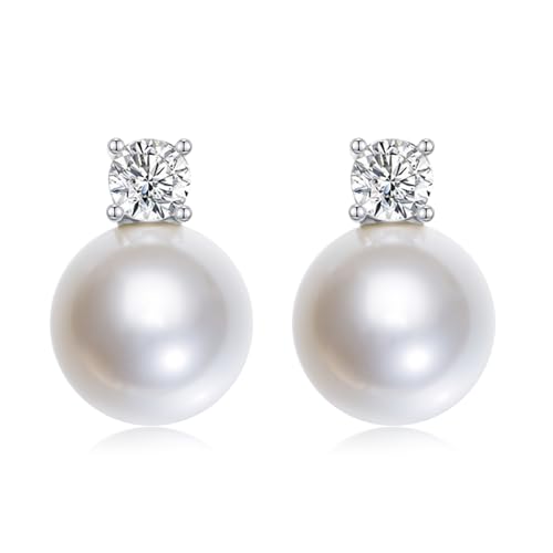 Mameloly Pearl Earrings for Women Dainty 925 Sterling Silver Cubic Zirconia CZ 10MM Simulated White Pearl Stud Drop Engagement Wedding Birdal Earrings Hypoallergenic