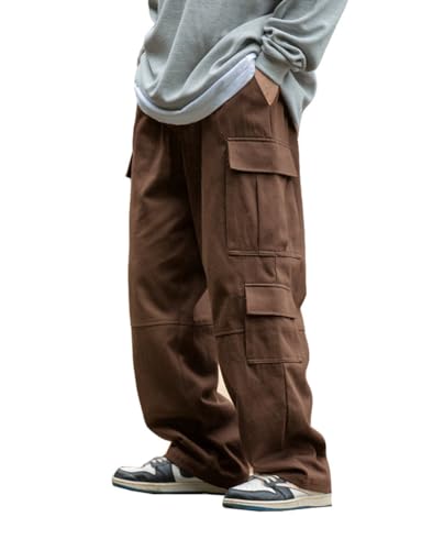 THWEI Mens Cargo Pants Drawstring Elastic Waist Casual Baggy Pant Streetwear Multi Pockets Brown XL