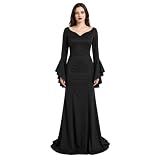 JEGERMIG Women's Gothic Black Maxi Dress, V Neck Flared Sleeve Halloween Costume for Parties and Themed Events