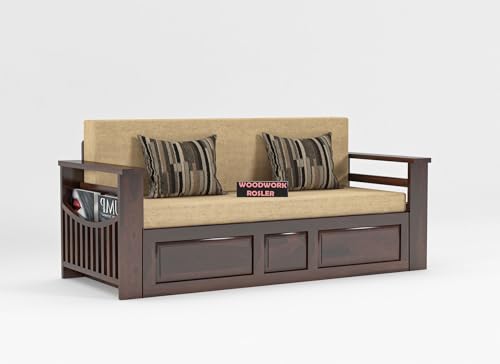 Image of Solid Sheesham Wooden Sofa Cums Bed with Mattresses for Living Room|Rosewood 3-Person Sofa Cums Bed for Bedroom Without Pillow (G-Walnut Finish)