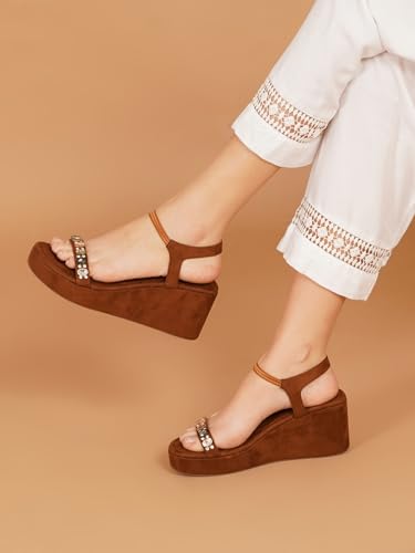 Image of TRYME Embellished Platform Sandals for Women | Soft Wedge Slippers for Wedding, Ethnic & Casual Styling