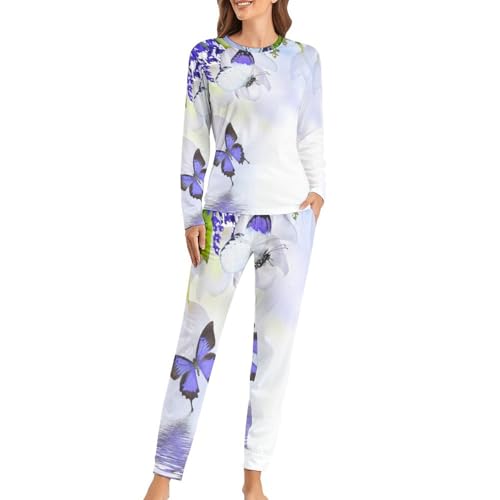 Pyjama femme manches longues ensemble avec pantalon violet motif papillon vêtement de nuit doux