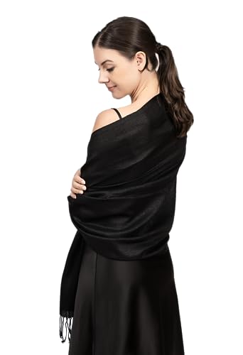 Achillea Sparkling Metallic Evening Shawl Wrap Scarf for Wedding Prom Party Dress 80" x 27" (Black)