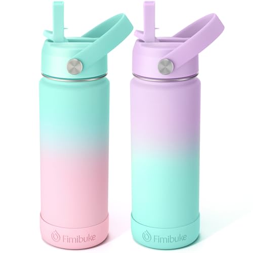 Fimibuke Kids Insulated Water Bottle - 18oz BPA-FREE 18-8 Stainless Steel Kid Cup with Straw Travel Tumbler Leak Proof Double Wall Vacuum Toddler Water Bottle for School Boy Girl(2 Pack, Candy-Bubble)