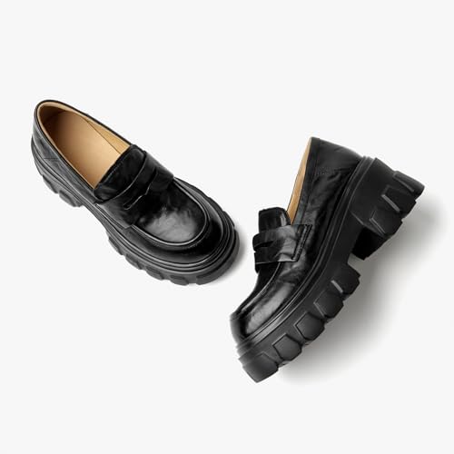 Image of BEAU TODAY Loafers for Women Dressy Leather Chunky Plaform Shoes | Genuine leather, breathable, Non-slip, thick sole business casual shoes