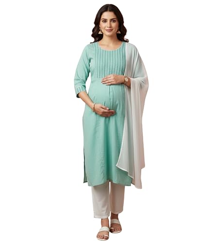 Image of DUMMY SHAPE Pregnancy Dresses for Women Cotton | Floral Maternity Kurta Pant Dupatta Set with Dual Nursing Zippers | Pre & Post Partum | Feeding Kurtis | Baby Shower | Gifts for Pregnant Woman