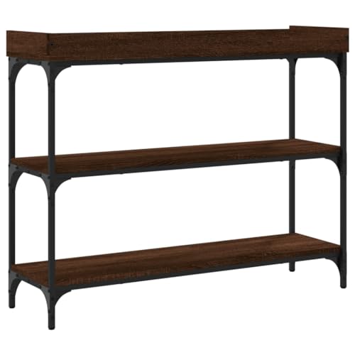 Mesa consola marrón efecto roble de alta estabilidad con estantes mixtos y soporte de pared 7