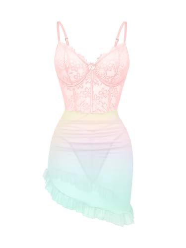 Image of Foxiny Sexy Corset Bodycon Ruffle Sheer Underwire Mesh Lace Floral Outfits Babydoll Lingerie Set Dress with Thong 2 Piece