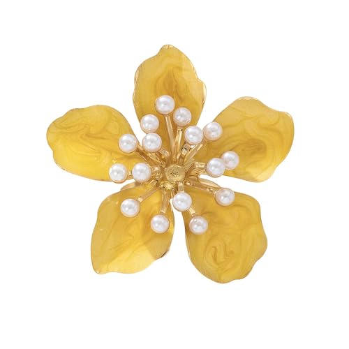 Delicate Enamel Flower Pearl Large Adjustable Statement Ring for Women Gold-Tone Plated Dainty Exaggerated Floral Finger Band Open Rings Comfort Fit Wedding Holiday Party Fashion Jewelry (Yellow)