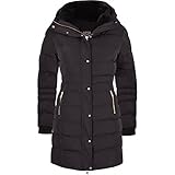 Spindle Women’s Designer Winter Lined Parka Quilted Coat Fur Collar Hooded Long Ladies Womens Jacket (14, Black Gold Hooded)