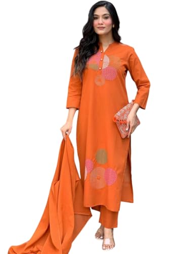 Image of Mehraj Online Store Women's Cotton Embroidery Straight Kurti Pant With Dupatta Set