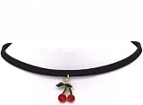 SKEMIX Double Cherry Charm Choker, Black Faux Suede, Enamel Necklace 90s Retro Jewelry