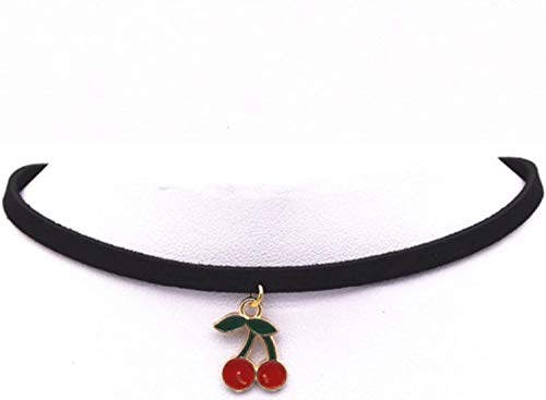 Skemix Double Cherry Charm Choker, Black Faux Suede, Enamel Necklace 90S Retro Jewelry #TOP9