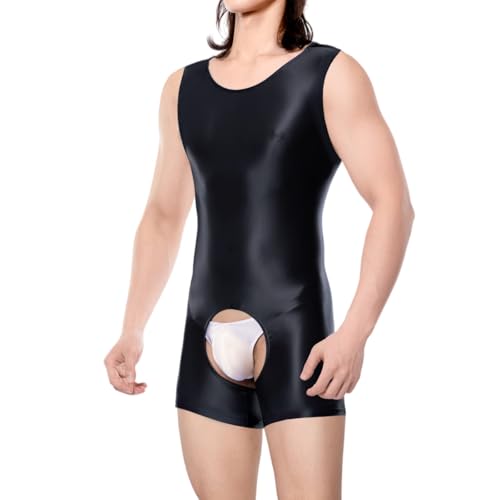 RuiChy Herren Glänzendes Body Armellos Fitness Overall Tank Top Shiny Rundhals Einteiliges Leotard Wrestling Singlet Unitard Freizeit Trainings Playsuit Festival Rave Nachtwäsche(Schwarz/M)
