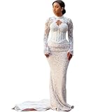 YiMinpwp Lace Mermaid Wedding Dresses for Bride Long Sleeve Beading Sequins Nigerian Bridal Gowns White