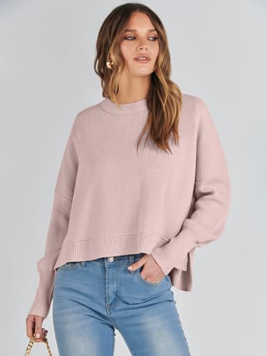 Image of ANRABESS Womens Cropped Sweaters Oversized Crewneck Long Batwing Sleeve Side Slit Ribbed Knit Pullover Tops 2025 Fall Clothes Small Pink